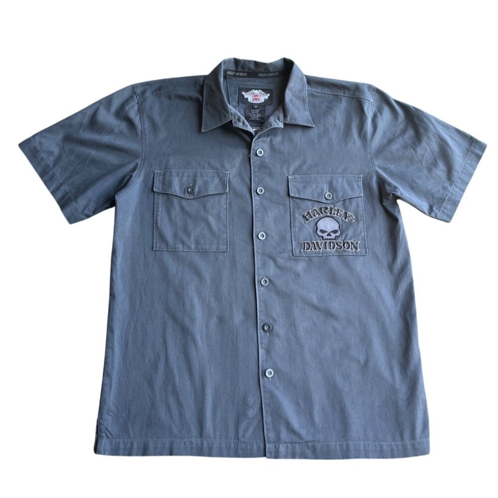 Harley-Davidson Mens Shirt M Gray Embroidered Skull Logo Short Sleeve Casual
